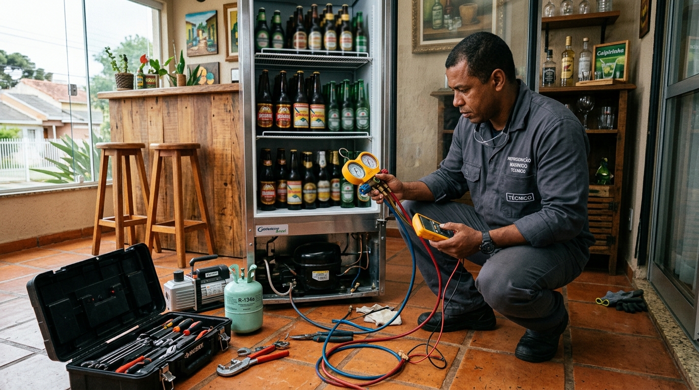 Profissional executando reparo no motor de cervejeira em Bauru‑SP