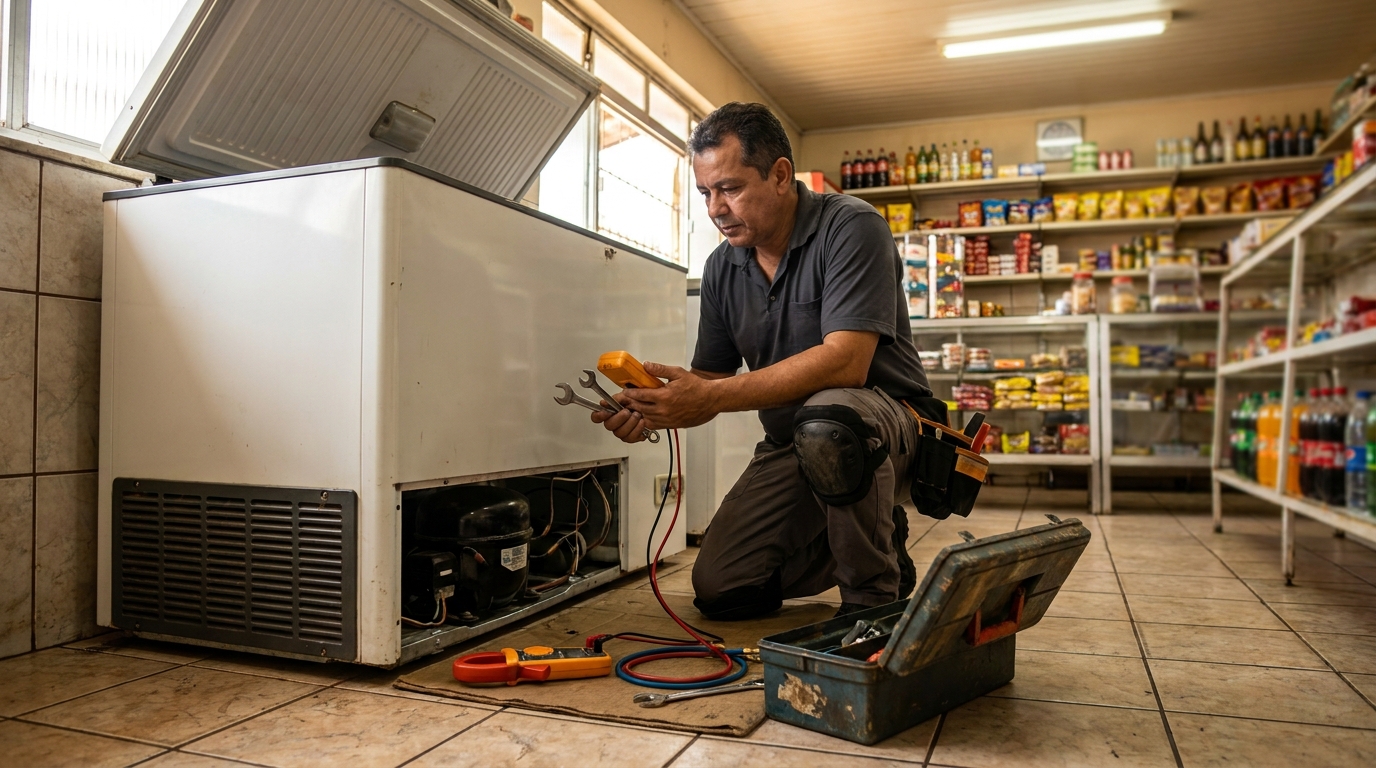 Profissional executando manutenção no motor de freezer em Bauru‑SP