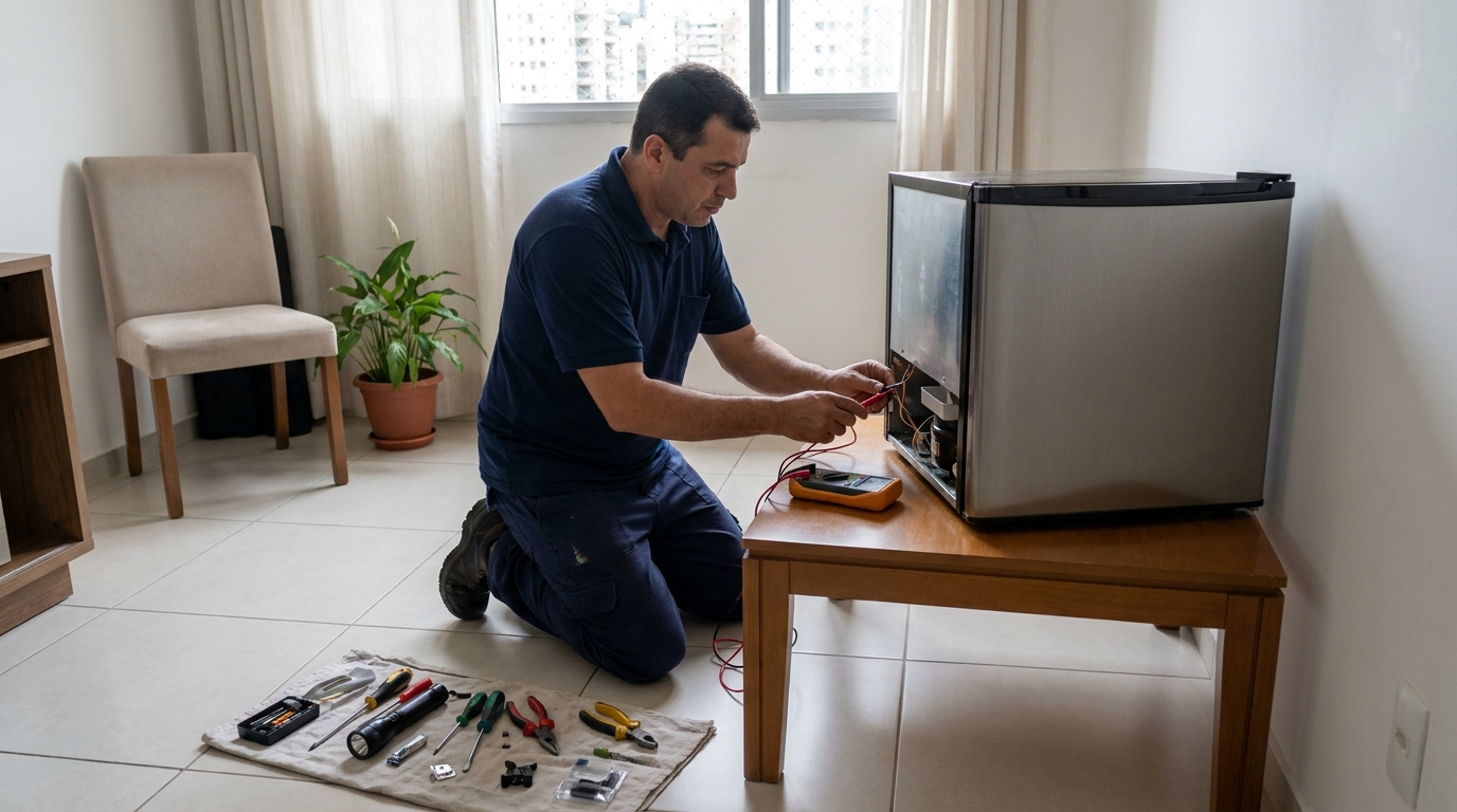Técnico fazendo manutenção do motor de frigobar em Bauru‑SP