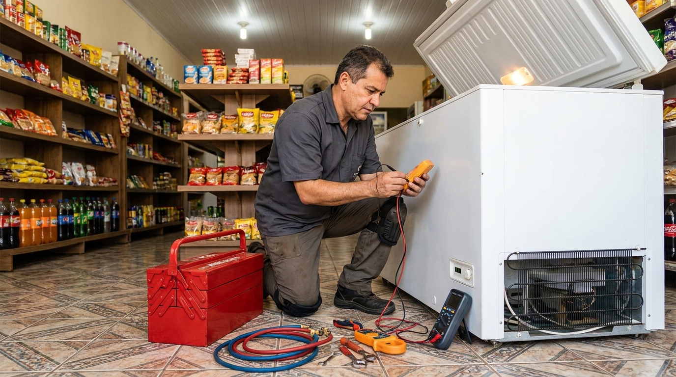 Recarga de gás refrigerante no freezer durante atendimento em Bauru‑SP
