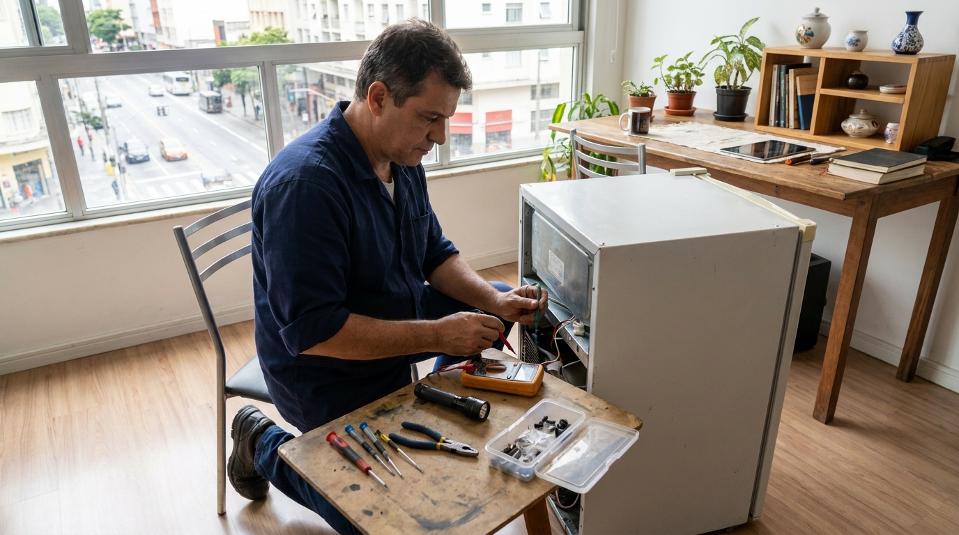 Recarga do gás refrigerante de frigobar durante atendimento em Bauru‑SP