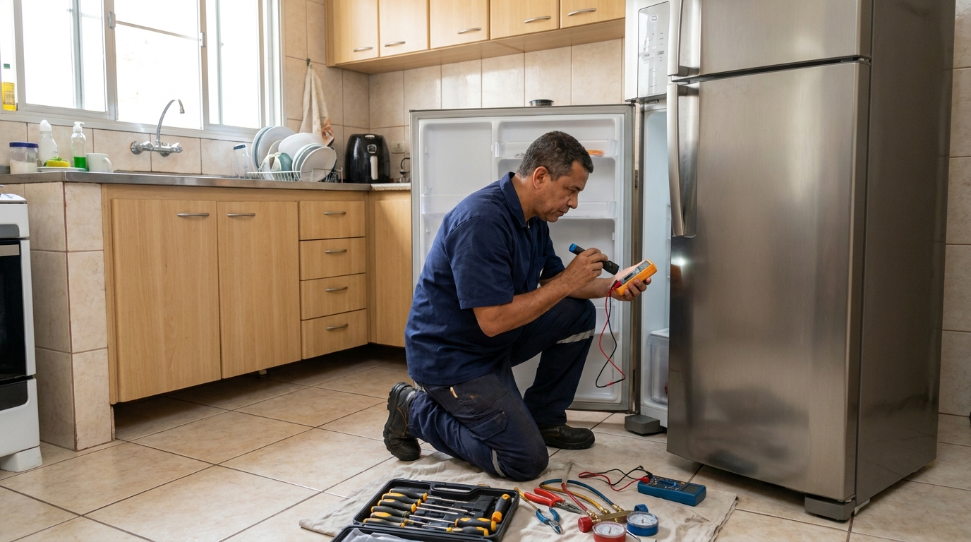 Técnico aplicando recarga de gás refrigerante em geladeira em Bauru‑SP