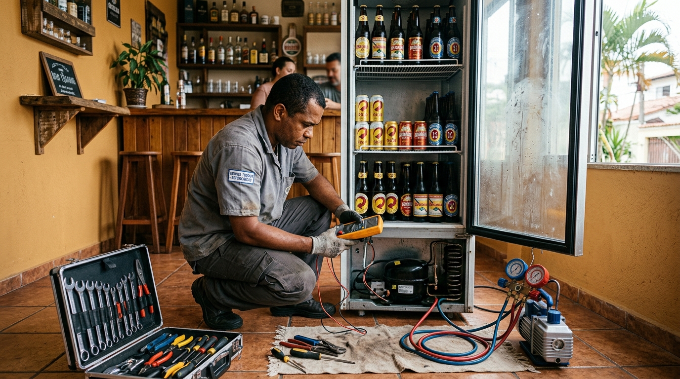 Substituição de termostato de cervejeira em serviço técnico em Bauru‑SP