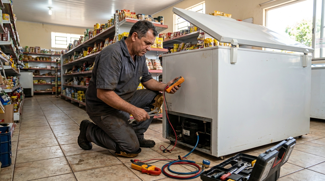 Substituição de termostato de freezer em visita técnica em Bauru‑SP